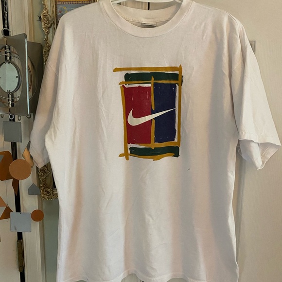 Vintage Nike Tennis Court Shirt White Tag Big Logo Spell Out Men's Size L - Picture 1 of 7